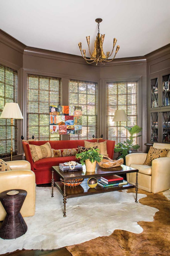 The library has deceptively durable and pet-friendly fabric choices such as an outdoor velvet for the sofa.
