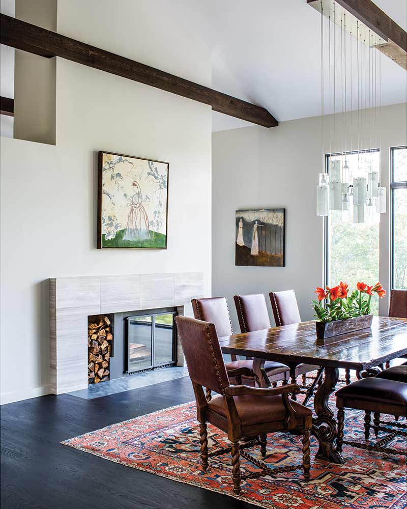 modern dining room with fire place