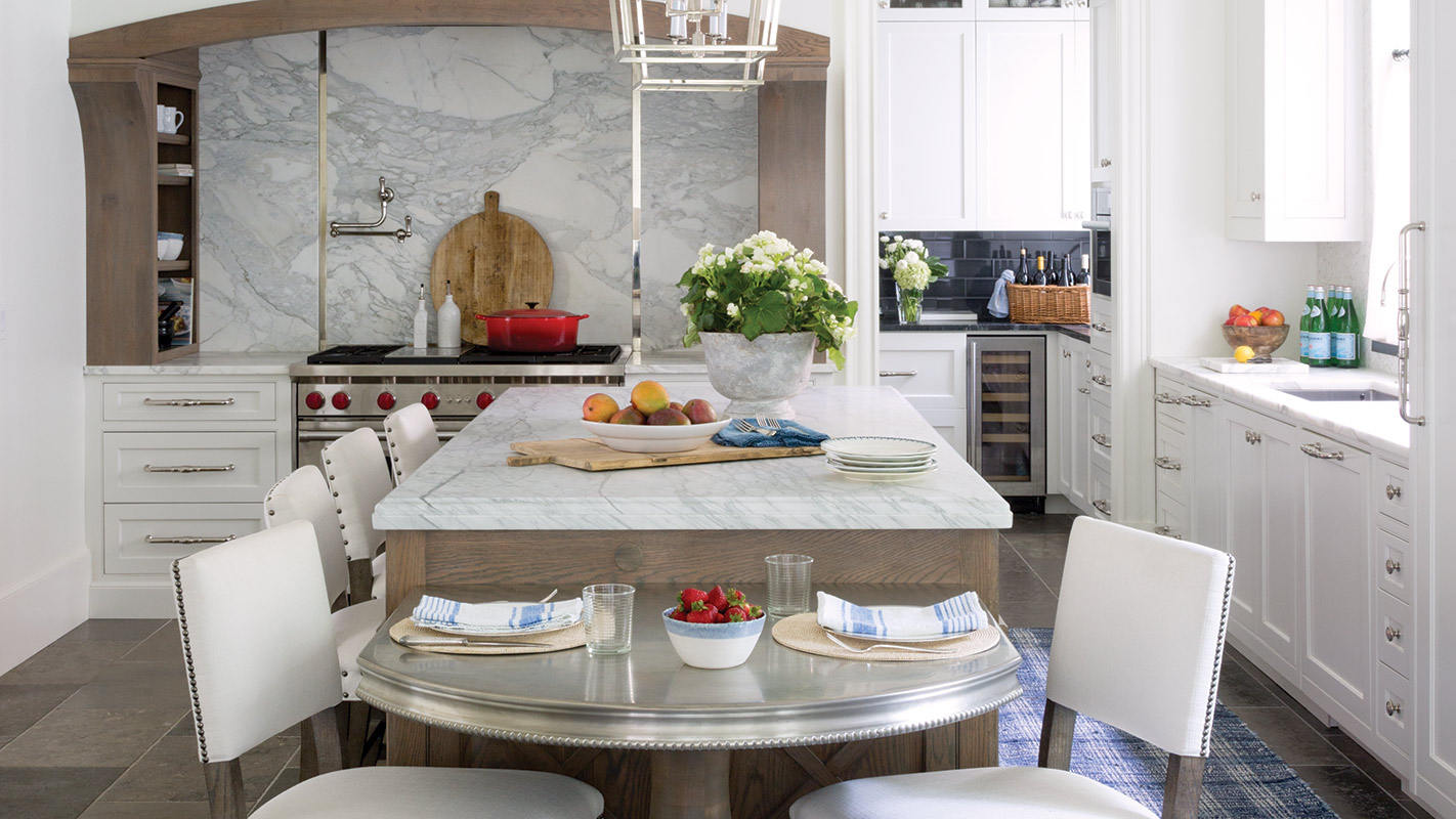 Before and after pair contrasting a dated kitchen with a pale renovated one