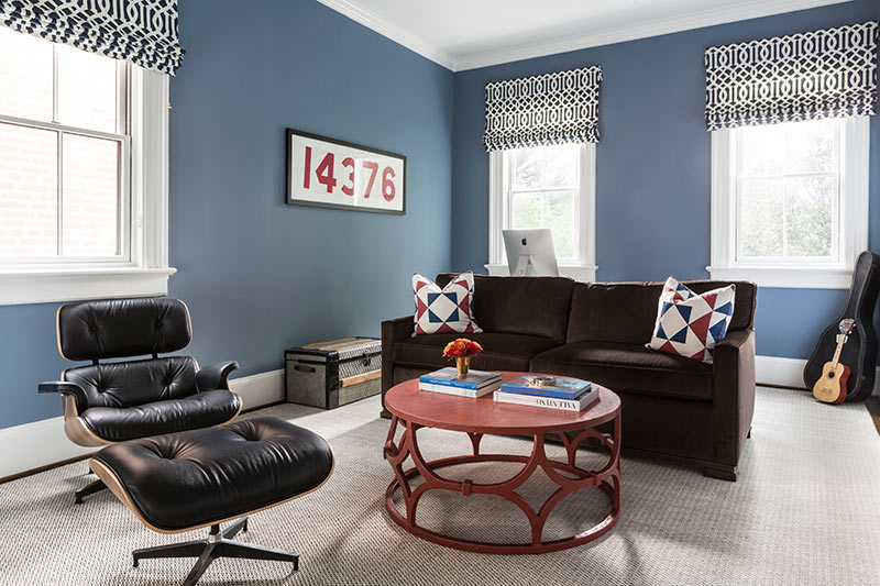 blue and red TV room