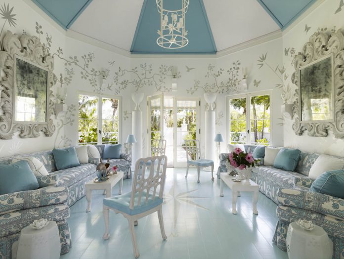 blue and white striped statement ceiling