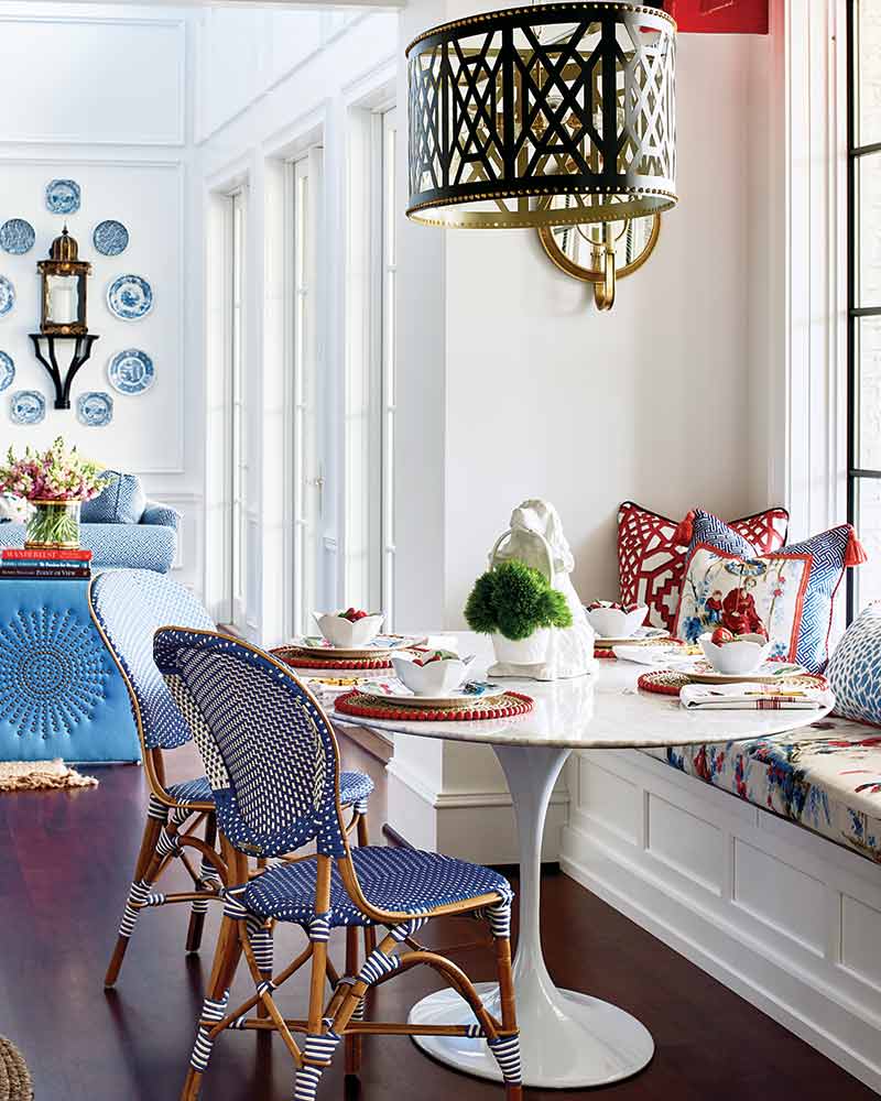 blue and red breakfast nook