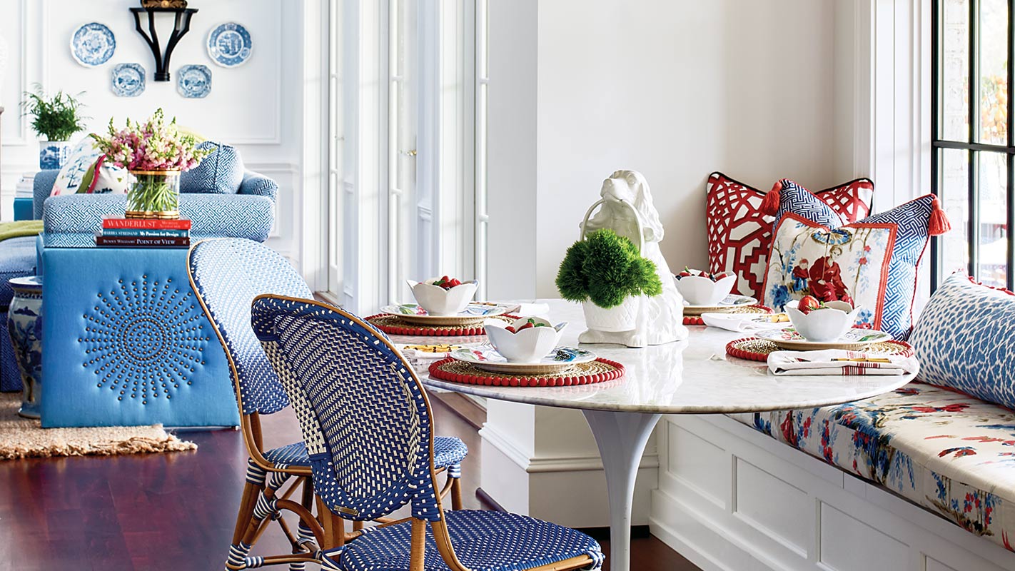 blue and red breakfast nook