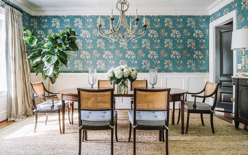 dining room with Sanderson botanical wallpaper