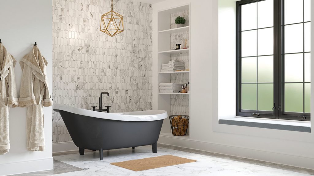 Bath with marble mosaic walls, a black clawfoot tub and open shelving
