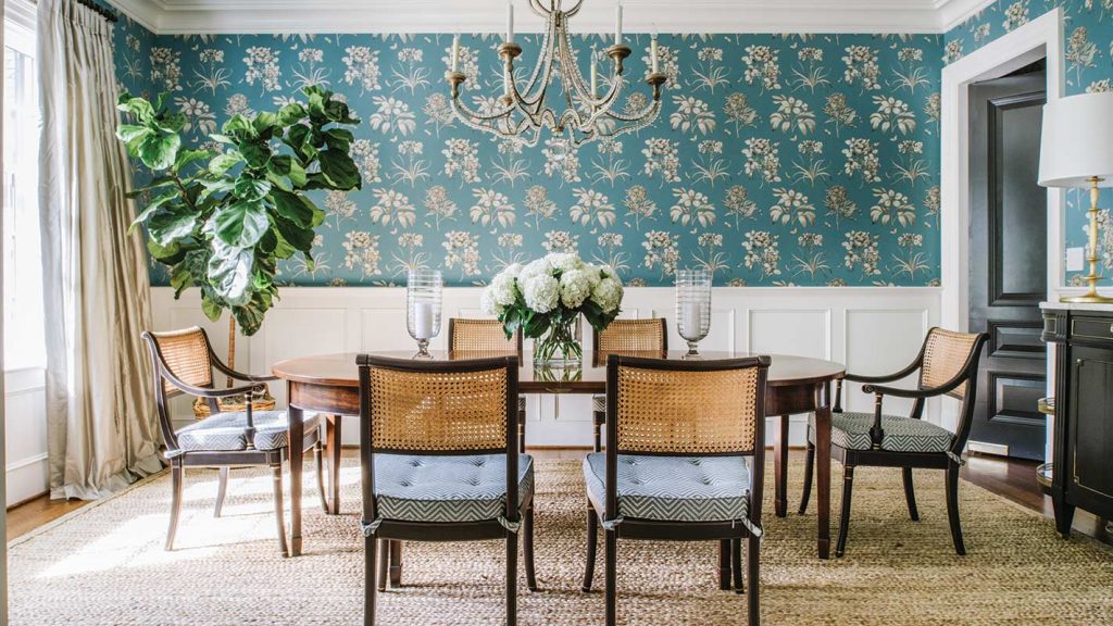 dining room with Sanderson botanical wallpaper