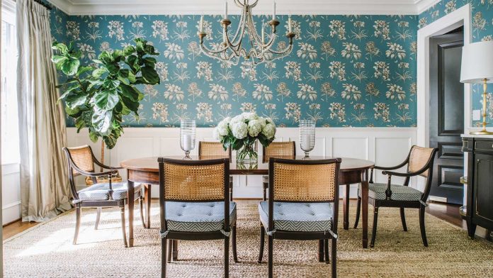 Color Was at the Top of the List for These Homeowners dining room with Sanderson botanical wallpaper