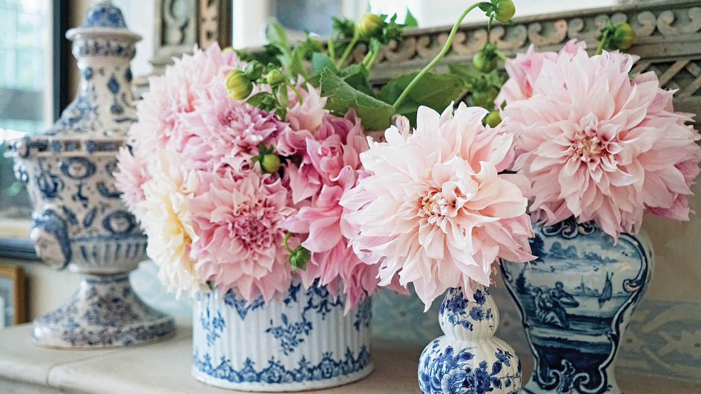 Pink dahlias arranged in blue-and-white jars on a stone garden table