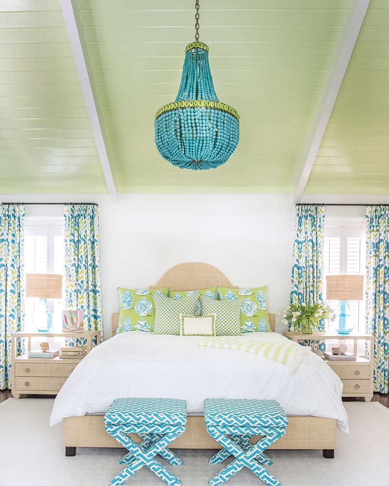 blue and green master bedroom in coastal Georgia home