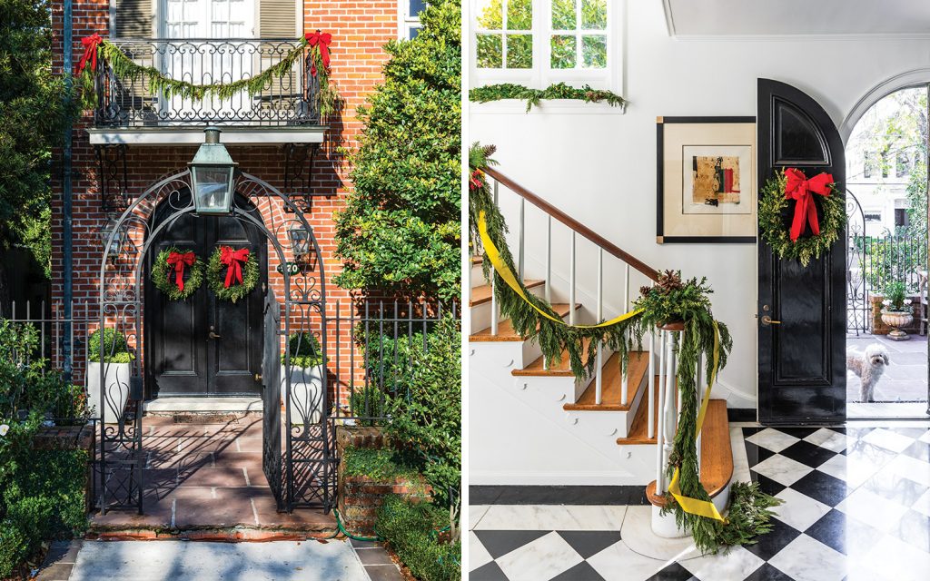 Iron entry gate hung with wreaths beside a checkerboard-floored hall