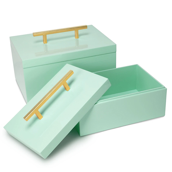 Pair of mint green lacquer boxes with brass handles