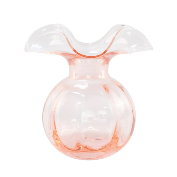 Pink glass vase with a ruffled rim