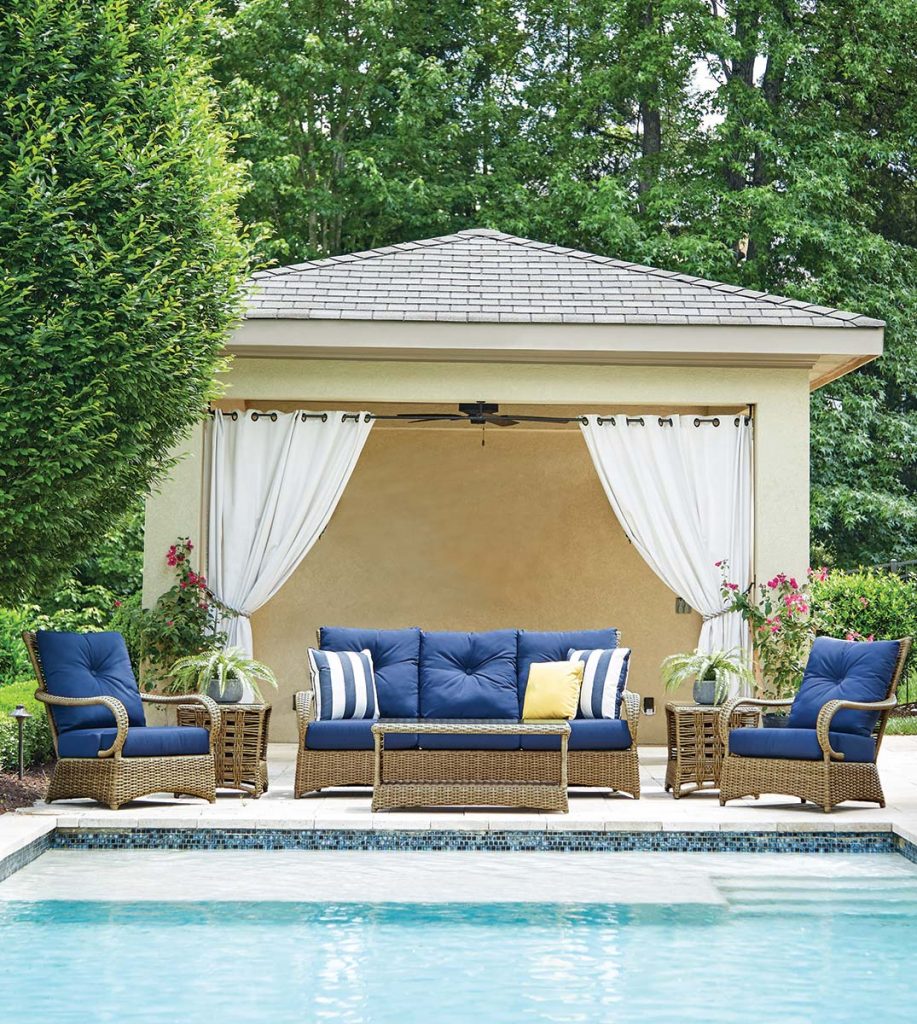 1 MAGNOLIA COLLECTION FROM LLOYD FLANDERS; Virgin vinyl with an aluminum frame; dining chair, $800; lounge chair, $1,280; Sofa, $2,642; lloydflanders.com