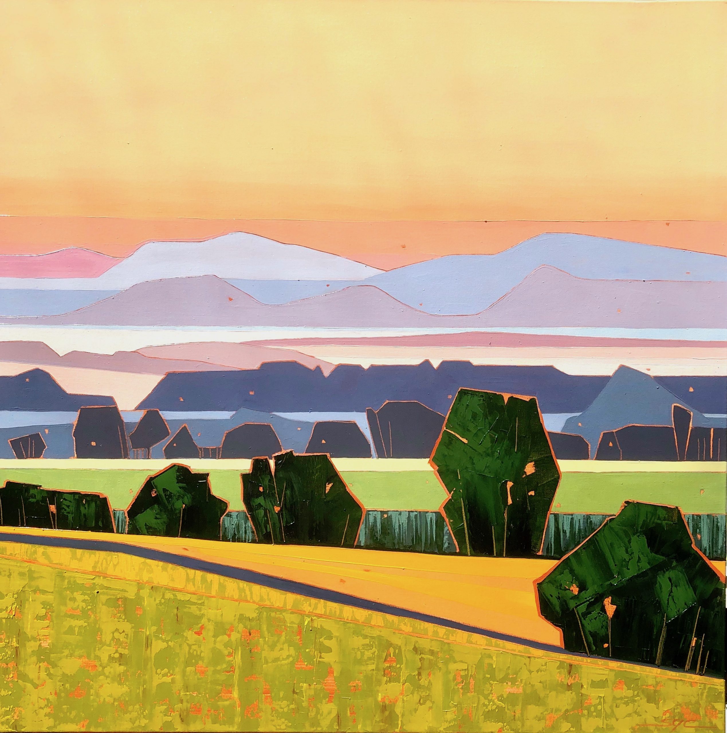 Stylised landscape painting with fields and lavender hills at sunset