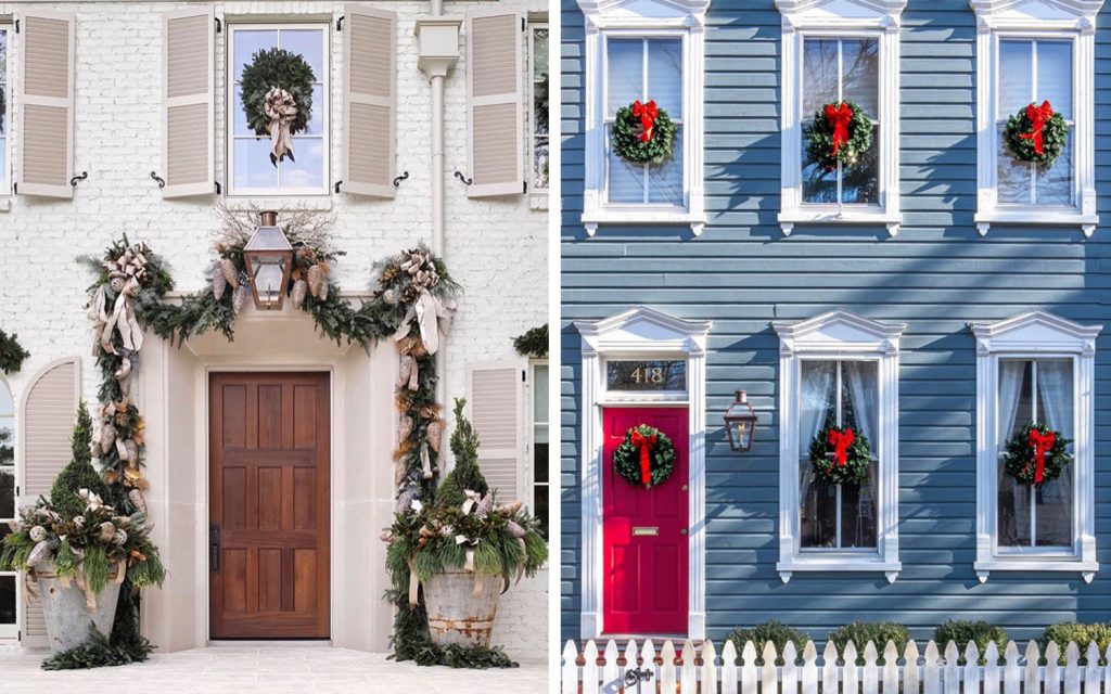 Two decorated front doors shown side by side, one wood and one red