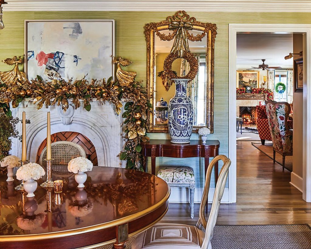 When his mother called on him to give his childhood home a redesign, designer Matthew Bees worked to create something storied and layered with a modern freshness. Bees also returns to the home each year to liven the interiors with holiday cheer. In the living room, the space’s traditional colors play host to a treasured collection of Christmas decorations, including a towering tree filled with vintage glass ornaments.