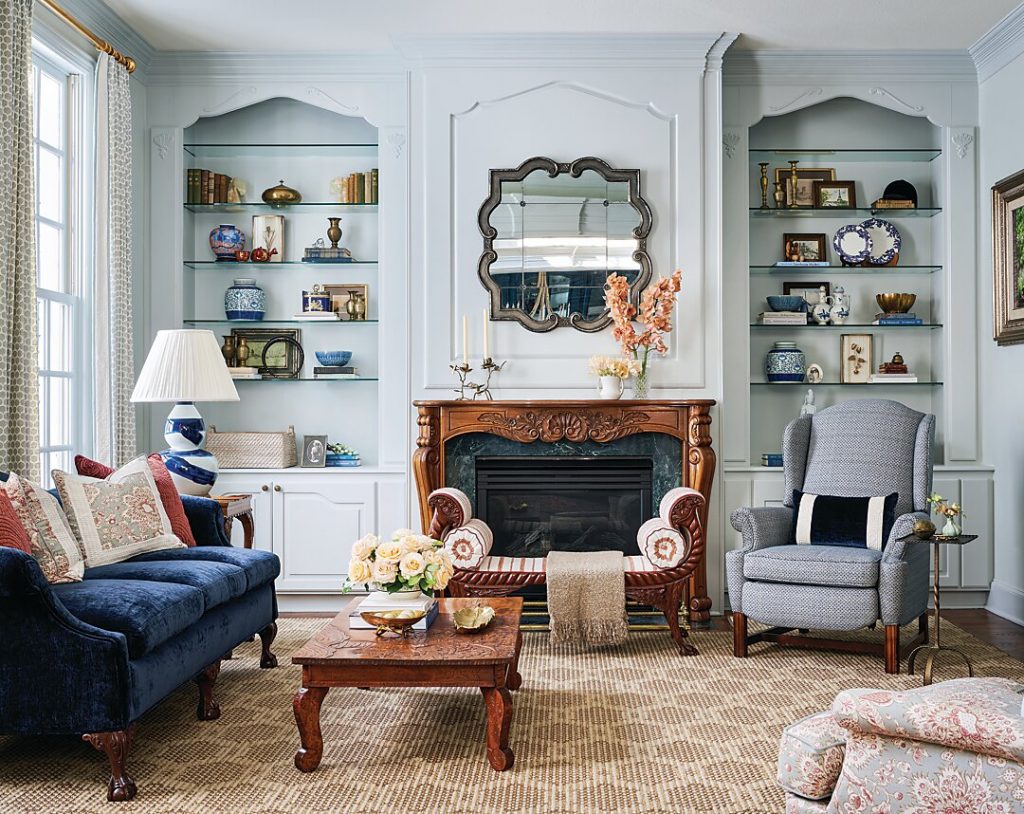 The millwork was one of the features that initially drew homeowners Shaaron and Buzz Barlow to the home. The dining room palette was inspired by a collection of Barlow’s dishes.
