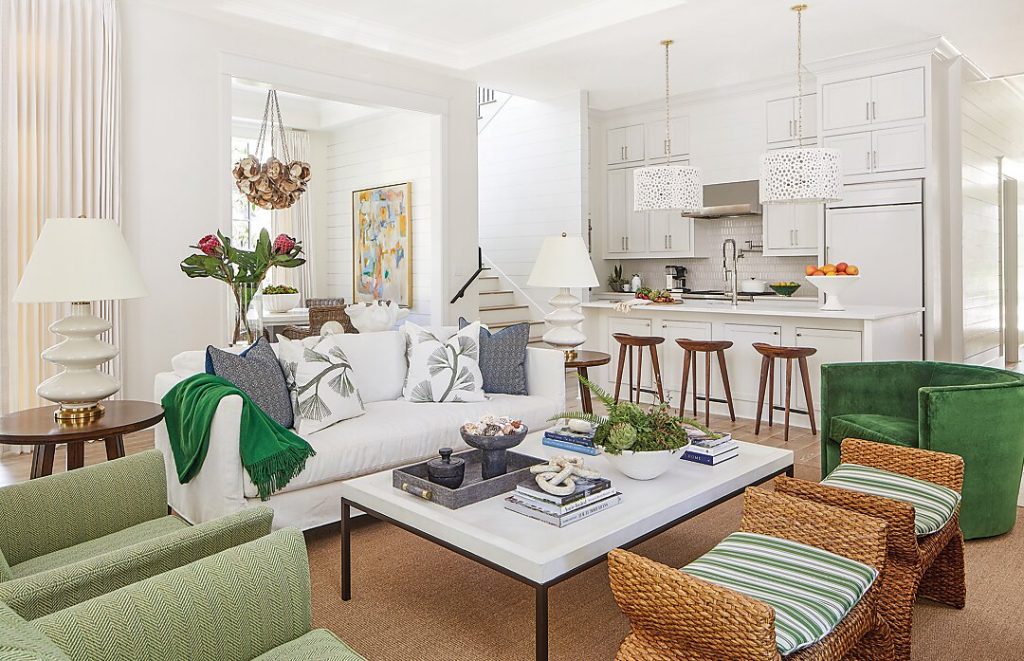 Pops of emerald green enliven the living room.