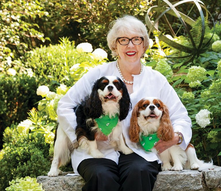 Woman seated outdoors with two spaniels wearing bandanas