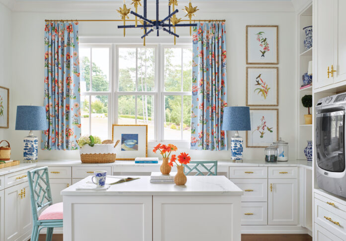 white kitchen blue curtains
