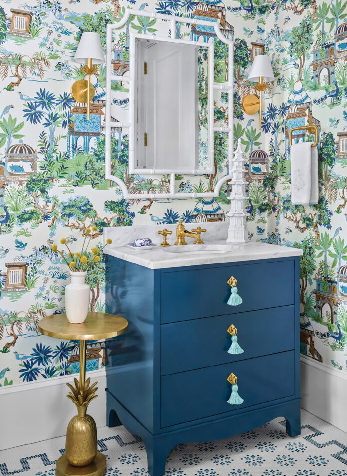 blue and green wallpaper powder room