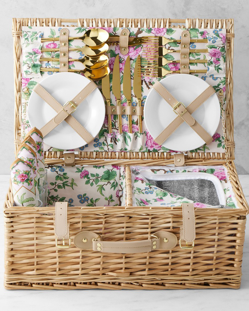 Famille Rose-patterned picnic basket set styled for outdoor entertaining