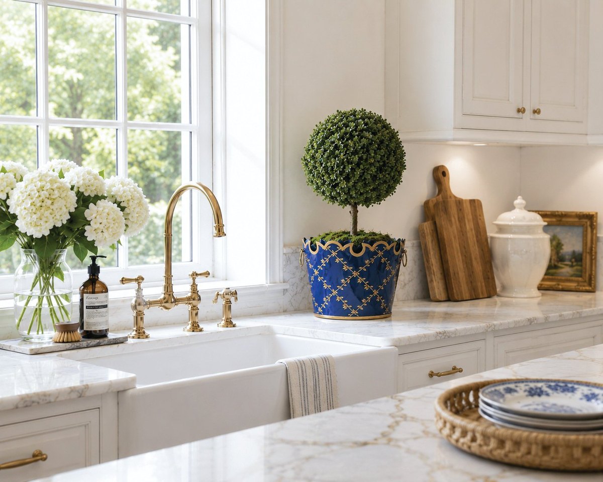 Navy trellis scalloped tole planter holding a boxwood topiary on a white marble kitchen counter
