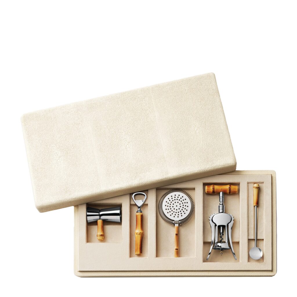 AERIN Shagreen Bamboo Bar Set in cream with stainless steel bar tools and bamboo handles