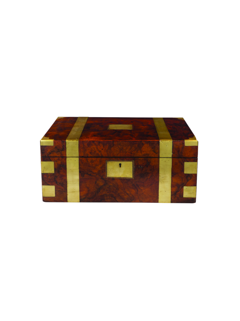 Nineteenth-century burl walnut writing slope bound with brass straps, corner guards, and an inset keyhole escutcheon
