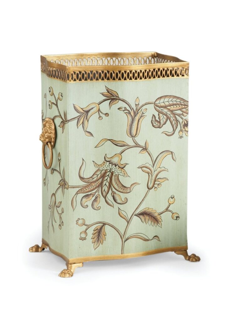 Brighton wastebasket in pale green with gold floral scrollwork, a pierced gallery rim, and paw feet