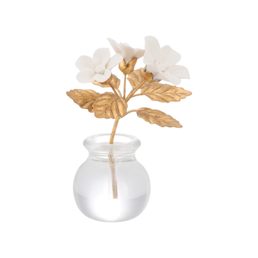 Chelsea House porcelain violet flower with gilded leaves in a glass pot