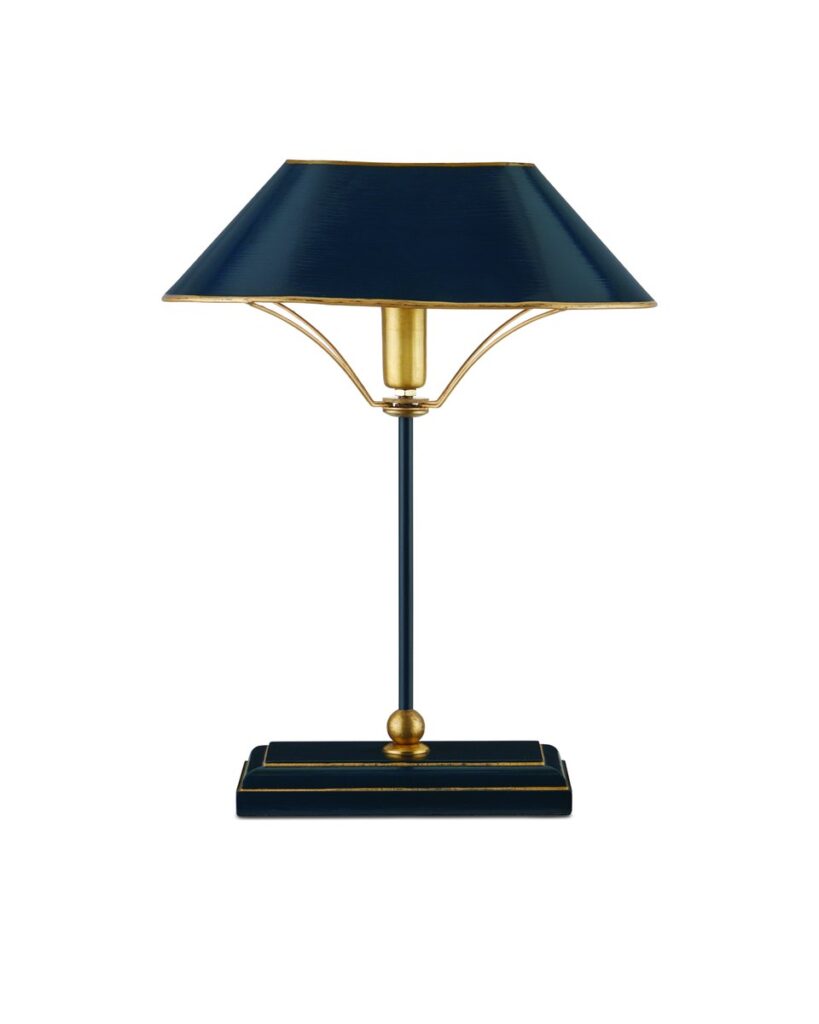 Daphne table lamp with a navy tole shade and gold-leaf trim by Currey and Company