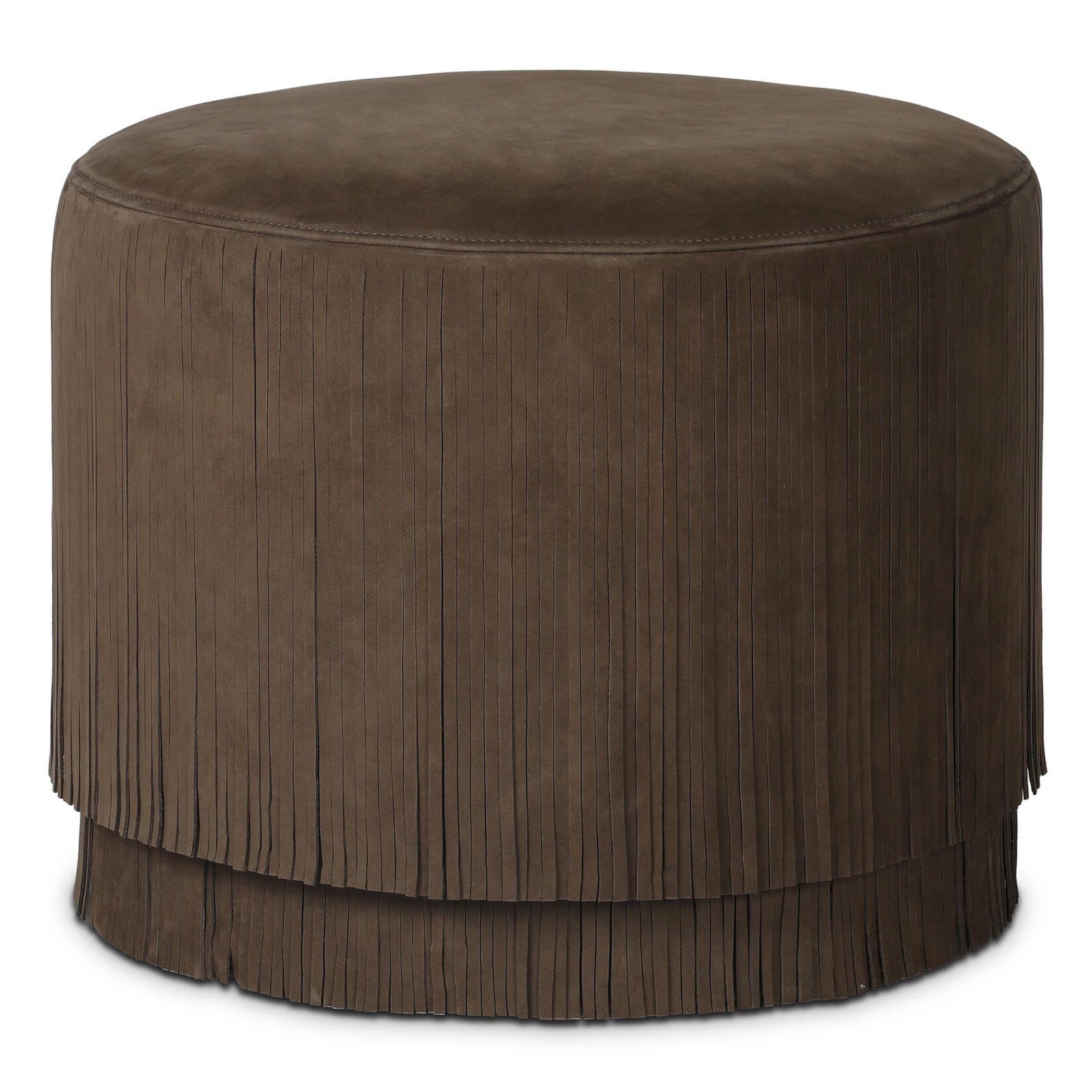 Four Hands Rooney round ottoman in olive leather with fringe