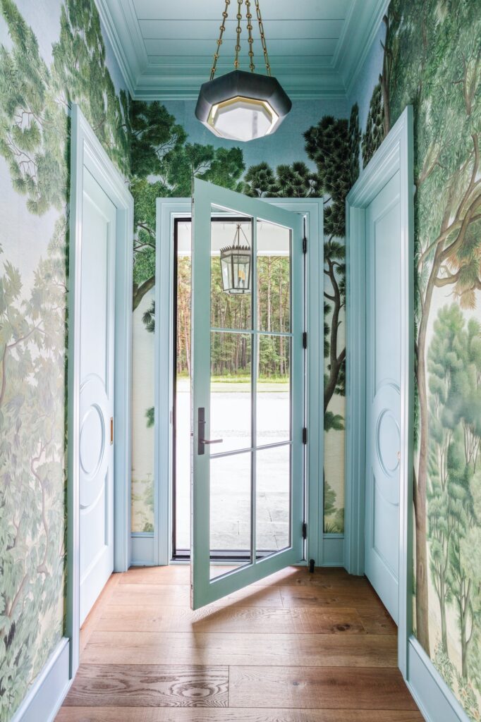 Foyer wrapped in Iksel panoramic landscape wallpaper with aqua trim, a glass-paned front door, and an octagonal pendant light