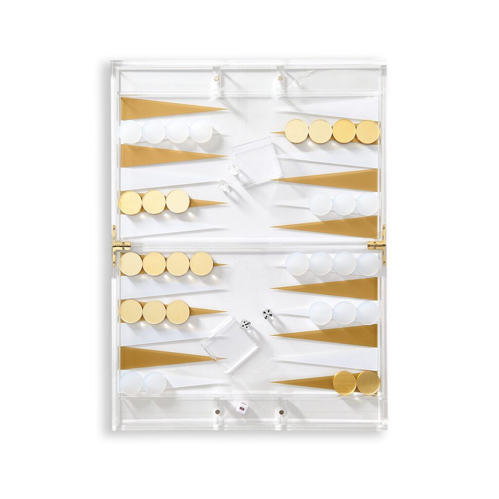 Mark & Graham acrylic backgammon set with white and gold pieces