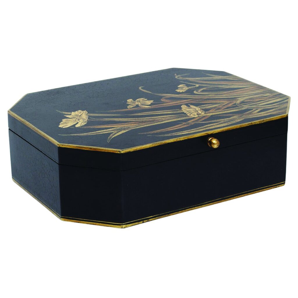 Sherrane decorative box in black lacquer with a gilded iris and grass motif and gold trim