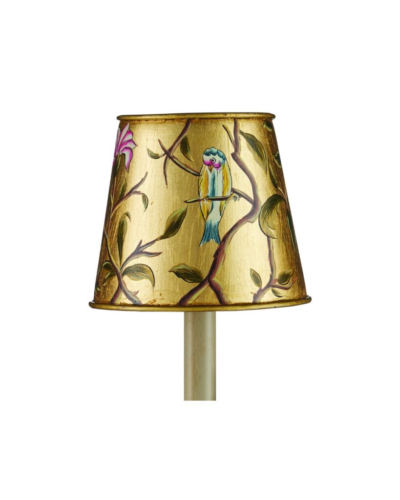 Victoria gold tapered chandelier shade hand-painted with a bird perched among floral branches